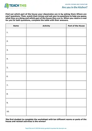 ESL Houses and Rooms Game, pre-intermediate A2, sentence completion, miming, guessing