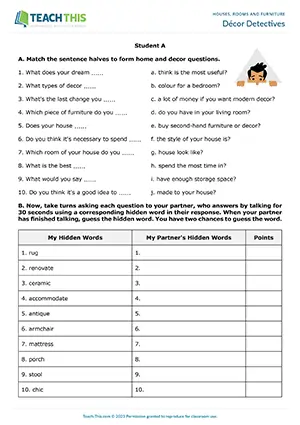 ESL Houses, Rooms and Furniture Game, upper-intermediate B2, asking and answering questions, guessing, group and pair work