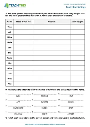 ESL Furniture Activity, intermediate B1, information gap, table completion, unscrambling, matching, group work