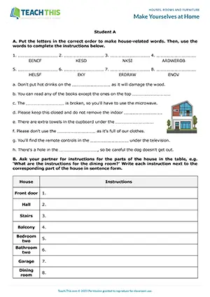 ESL Houses, Rooms and Furniture Activity, intermediate B1, unscrambling, gap-fill, information gap, group and pair work