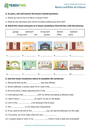 ESL Rooms and Parts of a House Worksheet, elementary A1-A2, matching, gap-fill, ranking, pair work
