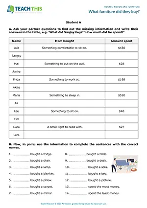 ESL Furniture Activity, elementary A1-A2, information gap, asking and answering, gap-fill, pair work