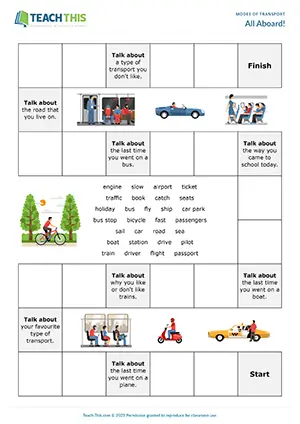 ESL Transport Vocabulary Board Game, elementary A1-A2, gap-fill, guessing, group work