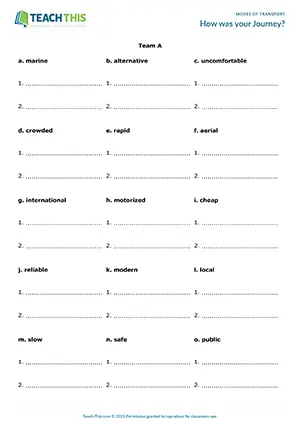 ESL Transportation Adjectives Game, upper-intermediate B2, matching, pair work