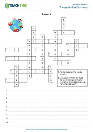 ESL Modes of Transport Crossword, intermediate B1, writing clues, describing, guessing
