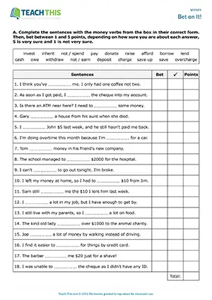 ESL Money Vocabulary Game, upper-intermediate B2, gap-fill, betting