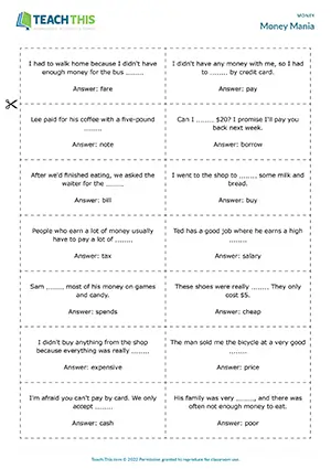 ESL Money Game, pre-intermediate A2, gap-fill, verbs, adjectives, nouns, pair work