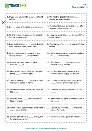 ESL Money Vocabulary Games, elementary A1-A2, matching, pelmanism, forming sentences