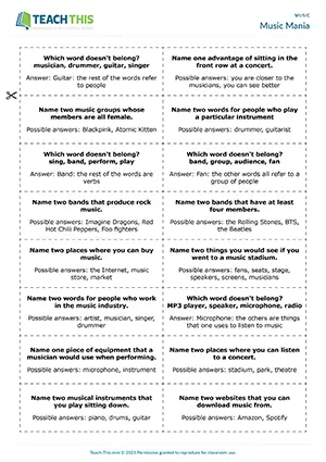 ESL Music Quiz Game, intermediate B1, vocabulary, identifying, group work