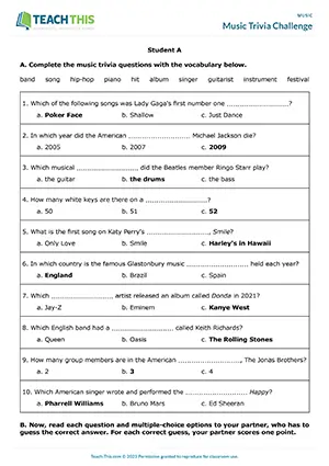 ESL Music Game, intermediate B1, gap-fill, multiple-choice quiz, group work