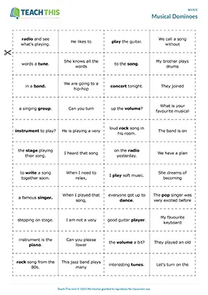 ESL Music Game, pre-intermediate A2, matching, dominoes, group work
