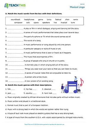 ESL Music Worksheet, upper-intermediate B2, matching, multiple-choice, gap-fill, pair work