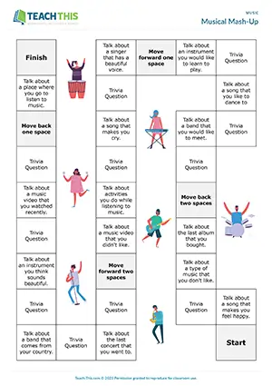 ESL Music Board Game, pre-intermediate A2, impromptu speech, multiple-choice, group work