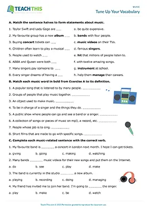 ESL Music Worksheet, pre-intermediate A2, matching, gap-fill, music genres, pair work