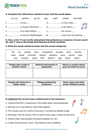 ESL Music Worksheet, intermediate B1, matching, categorising, gap-fill, pair work