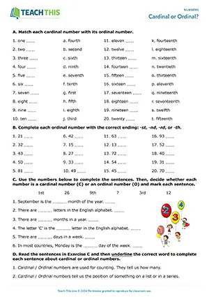 ESL Numbers Worksheet, elementary A1-A2, matching, word completion, gap-fill, error correction