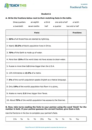 ESL Fractions Game, upper-intermediate B2, matching, guessing, group and pair work