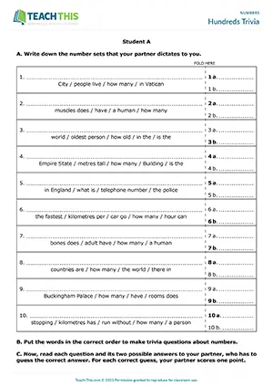 ESL Large Numbers Activity and Quiz, pre-intermediate A2, running dictation, trivia, group and pair work