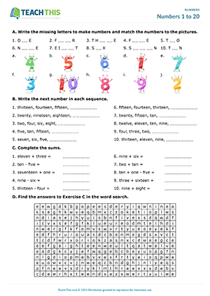 Numbers 1 to 20 Worksheet Preview