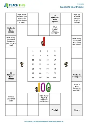 ESL Numbers Board Game, elementary A1-A2, gap-fill, answering questions, group work