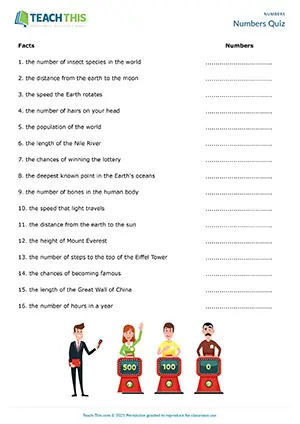 ESL Numbers Quiz Game, intermediate B1, dictation, listening, matching, pair work