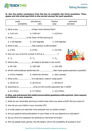ESL Maths Vocabulary Worksheet, upper-intermediate B2, matching, gap-fill, multiple choice, pair work