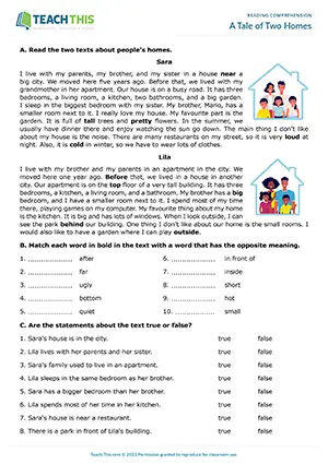 ESL reading comprehension worksheet preview for A Tale of Two Homes, elementary A1-A2 level, matching, true or false, gap-fill, comprehension questions, speaking activity