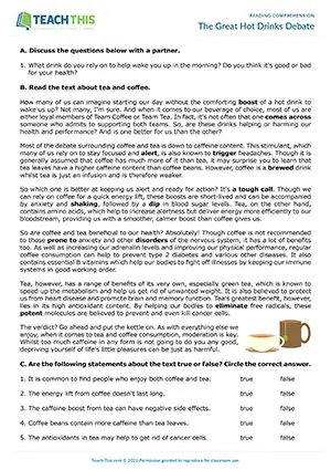ESL reading comprehension worksheet preview for The Great Hot Drinks Debate, upper-intermediate B2, true or false, matching, gap-fill, comprehension questions