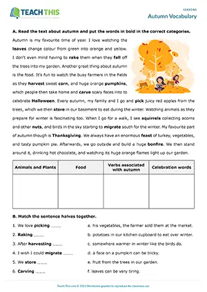 ESL autumn vocabulary worksheet preview for Autumn Vocabulary, upper-intermediate B2, categorising, matching, guessing
