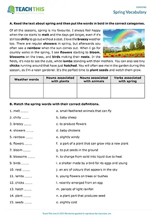 ESL spring vocabulary worksheet preview for Spring Vocabulary, upper-intermediate B2, categorising, matching, true or false, discussion