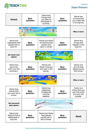 ESL seasons board game preview for Super Seasons, intermediate B1, answering quiz questions, multiple-choice, group work