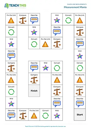 ESL measurements board game preview for Measurements, pre-intermediate A2, speaking, forming sentences, answering questions, freer practice - group work