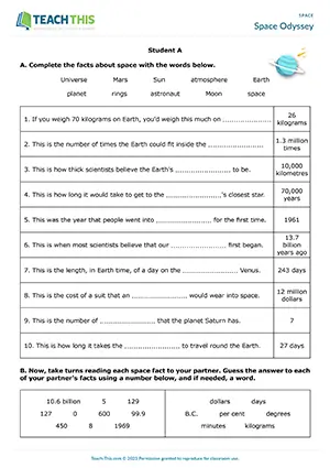 ESL space vocabulary game preview for Space Odyssey, intermediate B1, gap-fill, guessing, pair work