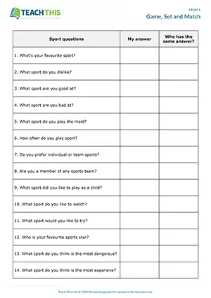 ESL Sports Activity Intermediate B1 asking and answering questions, freer practice