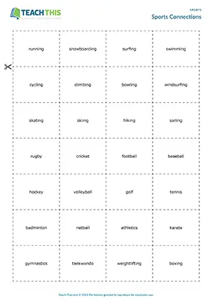 ESL Sports Games Intermediate B1 categorising, pelmanism, forming sentences, group discussion
