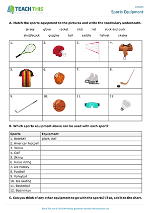 Sports Equipment Worksheet Preview