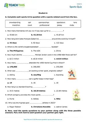 ESL Sports Quiz Game Upper-intermediate B2 gap-fill, multiple-choice quiz, group and pair work