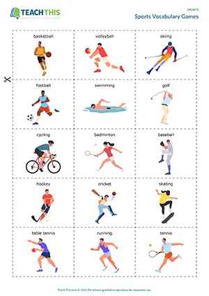 ESL Sports Vocabulary Games Elementary A1-A2 miming, forming sentences, true or false, group guessing