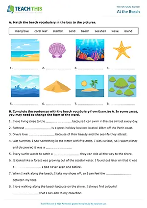 ESL At the Beach Worksheet Upper-intermediate B2 matching, gap-fill, short answer, drawing, describing