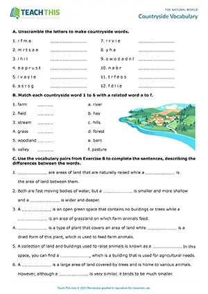 ESL Countryside Worksheet Upper-intermediate B2 unscrambling, matching, gap-fill, questions, pair work
