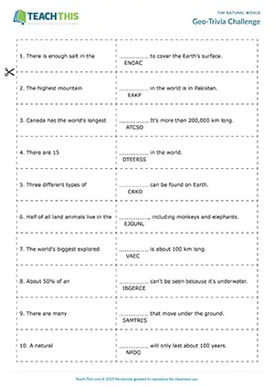 ESL Geographical Feature Games Intermediate B1 unscrambling, matching, true or false, guessing, pair work