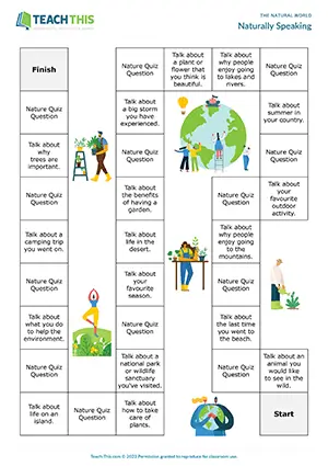 ESL Natural World Board Game Pre-intermediate A2 vocabulary, multiple-choice questions, guessing, group work