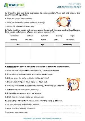 ESL time expressions worksheet preview for elementary A1-A2 with vocabulary, writing, and pair speaking practice