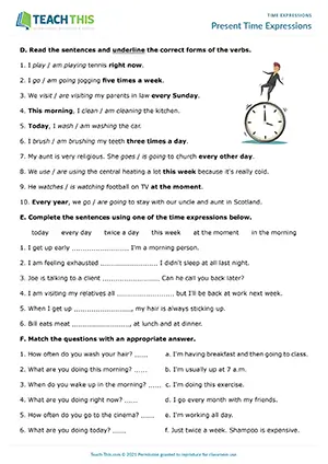 ESL present time expressions worksheet preview for pre-intermediate A2 with matching, categorising, and grammar practice