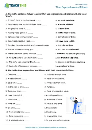 ESL time expressions and idioms worksheet preview for upper-intermediate B2 with matching, gap-fill, and pair discussion