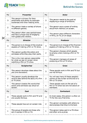 ESL TV and film game preview for upper-intermediate B2 with vocabulary guessing and pair role cards