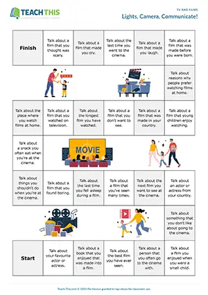 ESL film and cinema board game preview for pre-intermediate A2 showing impromptu speech and communicative group practice