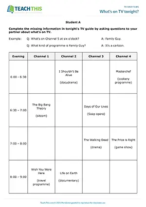 ESL TV programmes information gap activity preview for pre-intermediate A2 with TV guide and pair questions