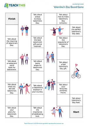 ESL Valentine's Day board game preview for upper-intermediate B2 with impromptu speech and multiple-choice answers