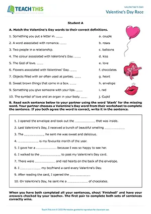 ESL Valentine's Day race activity preview for intermediate B1 with vocabulary matching, sentence completion, and pair work